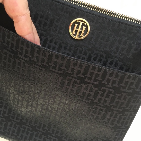 Classy Tommy Hilfiger black w/ gold trim crossbody purse w/open pocket in front. - Picture 3 of 8